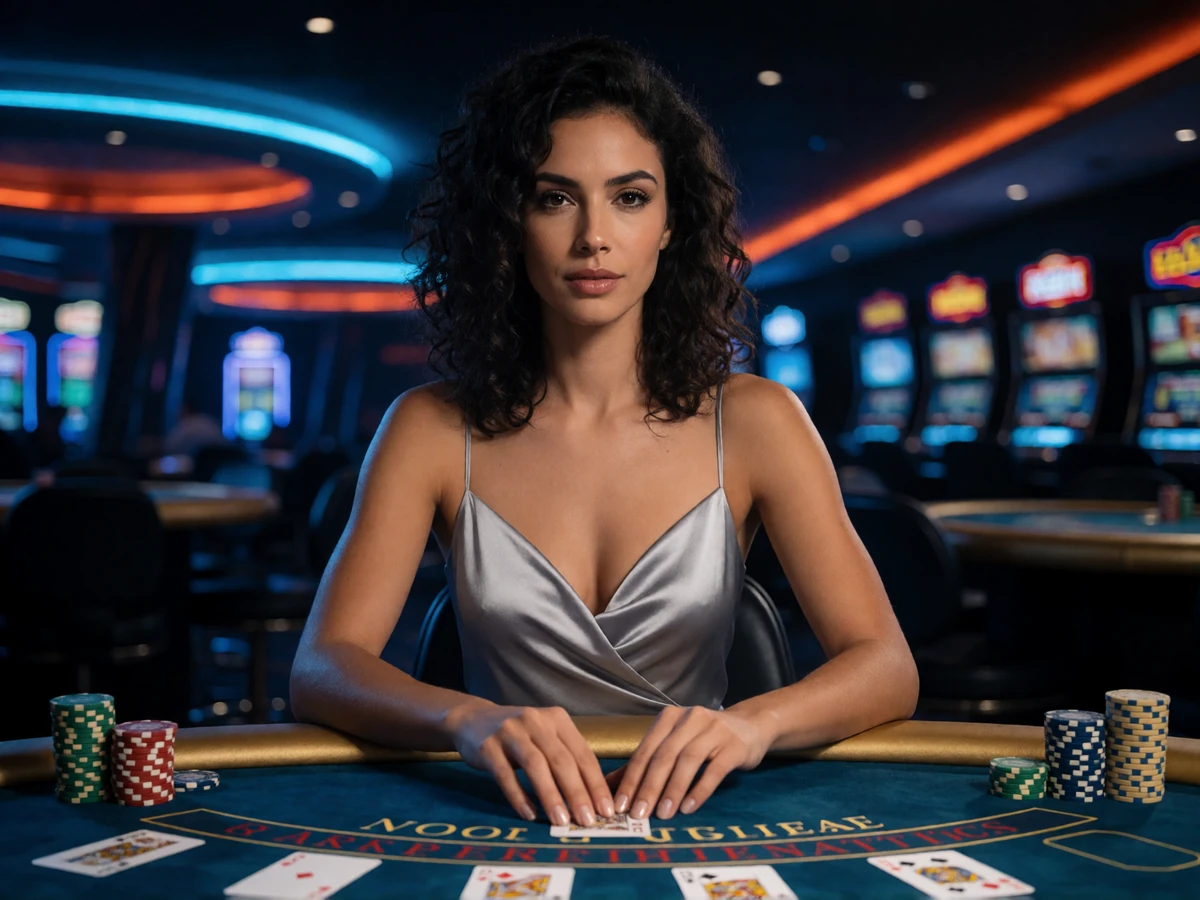 Selbstbewusste Frau mit dunklen Locken am Blackjack-Tisch in der Neon-Lounge der 30bet Casino Spiele