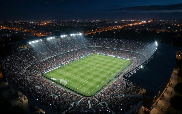 Fu&szlig;ballstadion bei Nacht aus der Luft - Bundesliga Wetten bei 30bet