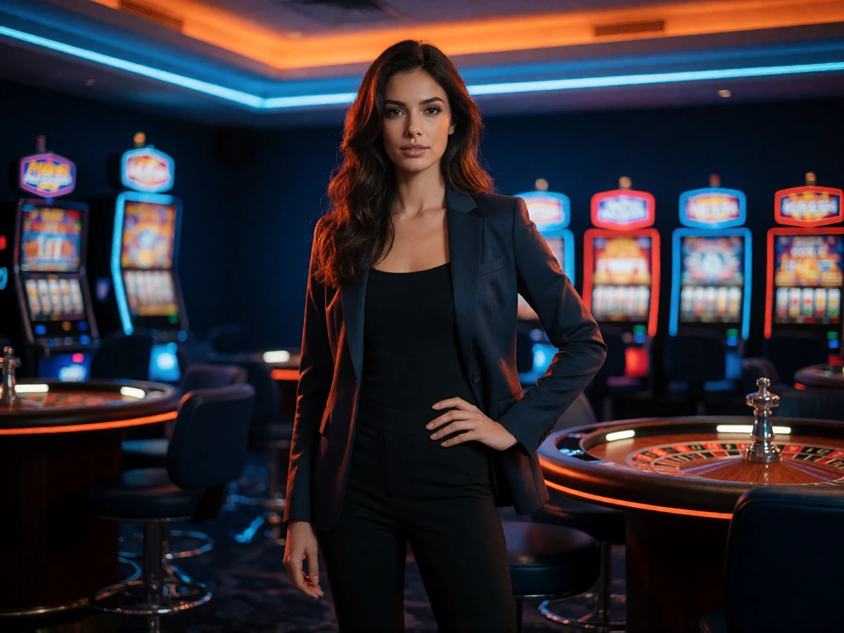 Selbstbewusste br&uuml;nette Frau in elegantem dunklem Blazer in der neonbeleuchteten Casino-Lounge von 30bet Casino