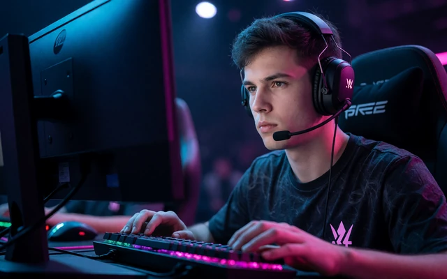 eSports-Profi mit Headset im Neonlicht - eSports Wetten auf CS2 und LoL bei 30bet