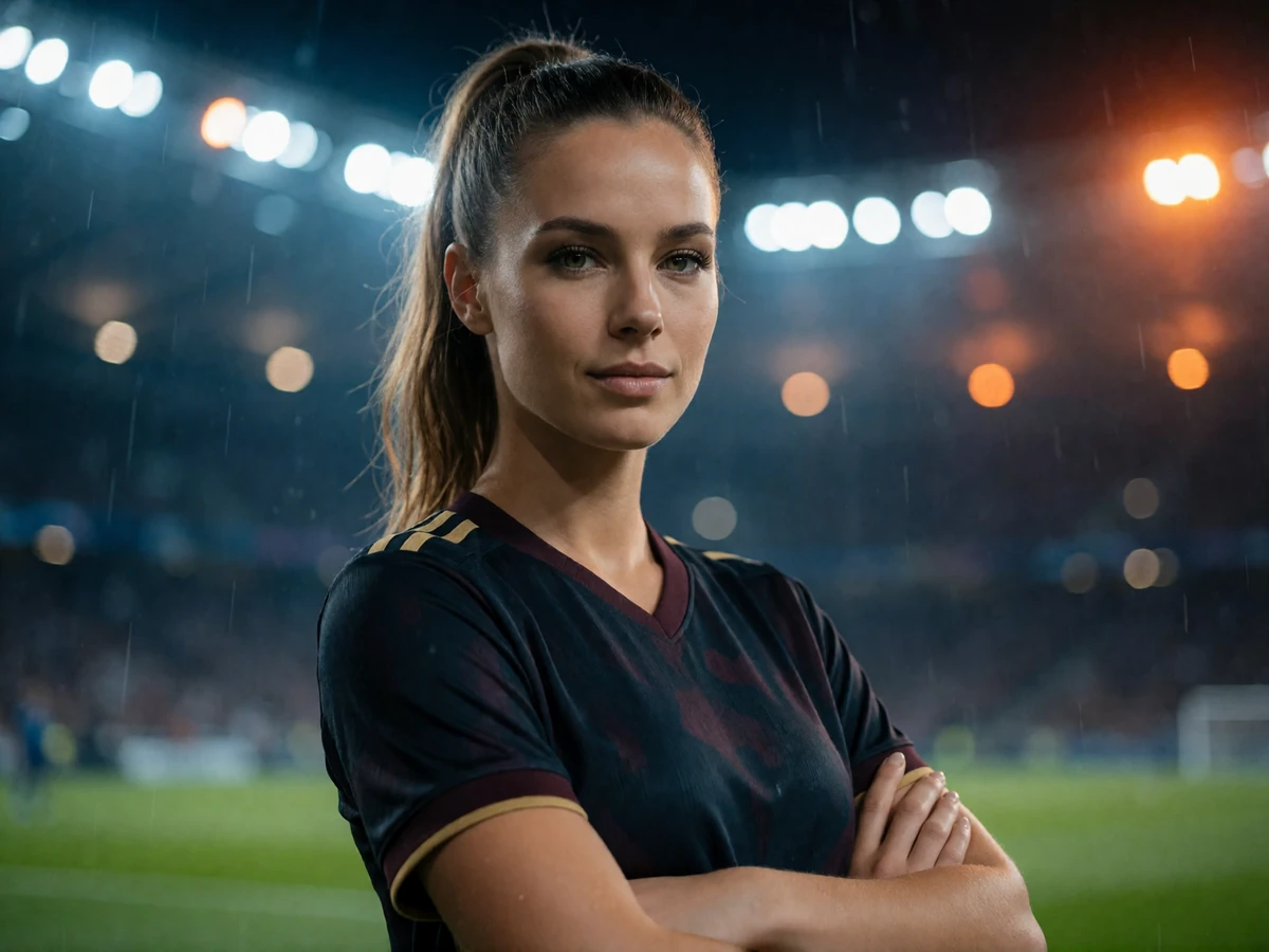Selbstbewusste Frau im modernen dunkelblauen Trikot im Flutlicht-Stadion - Sportwetten bei 30bet